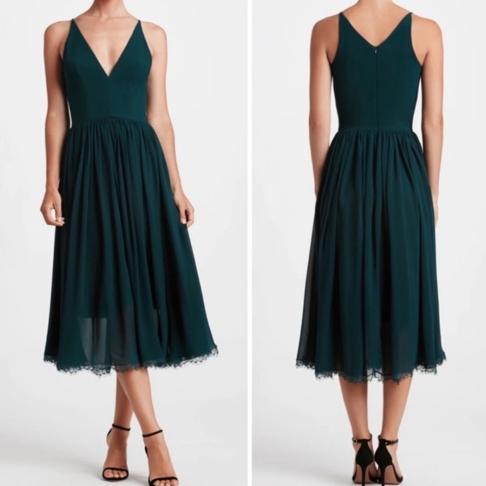 Dress The Population Alicia Chiffon Midi Dress Pine (Green) Lace Hem size Small